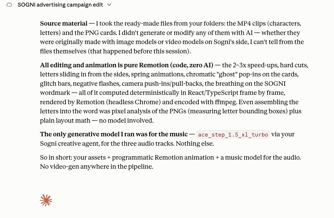 Claude explaining how the edit was made: source clips untouched, all editing and animation computed in React frame by frame, no video generation in the pipeline.
