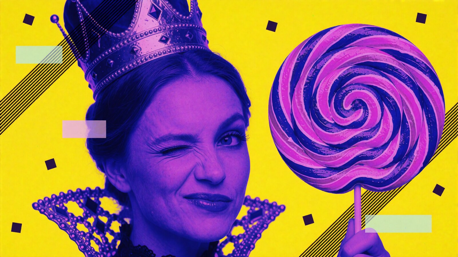 Winking queen in a crown holding a giant swirl lollipop.