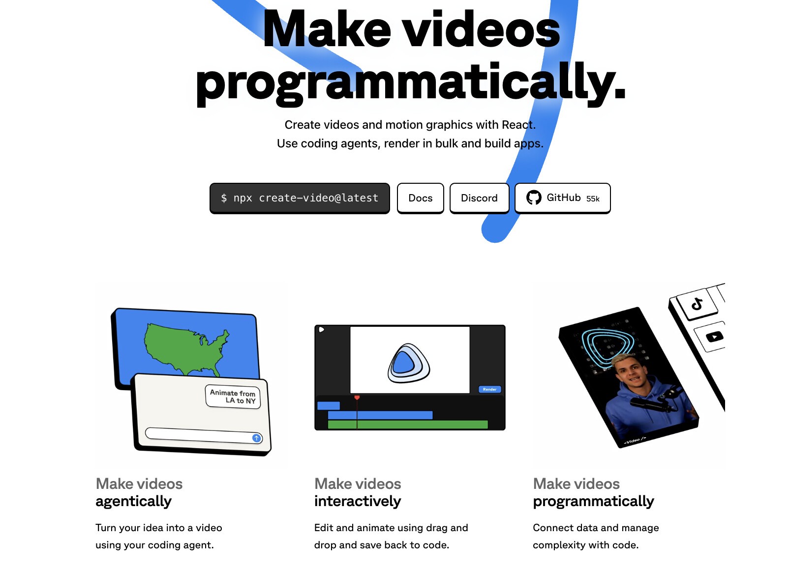 The Remotion homepage: make videos programmatically, create videos and motion graphics with React, with agentic, interactive, and programmatic workflows.