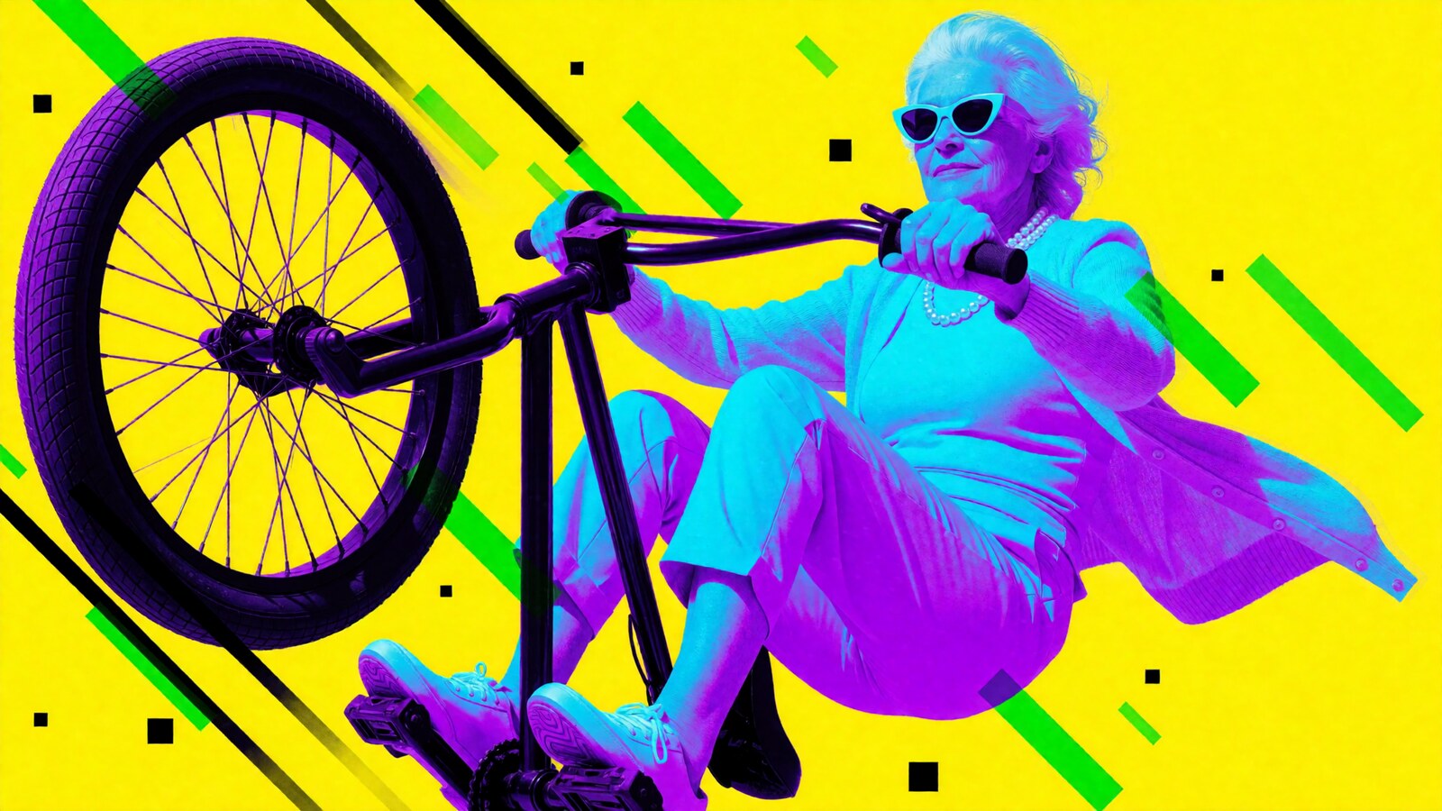 Grandma mid trick on a BMX bike.
