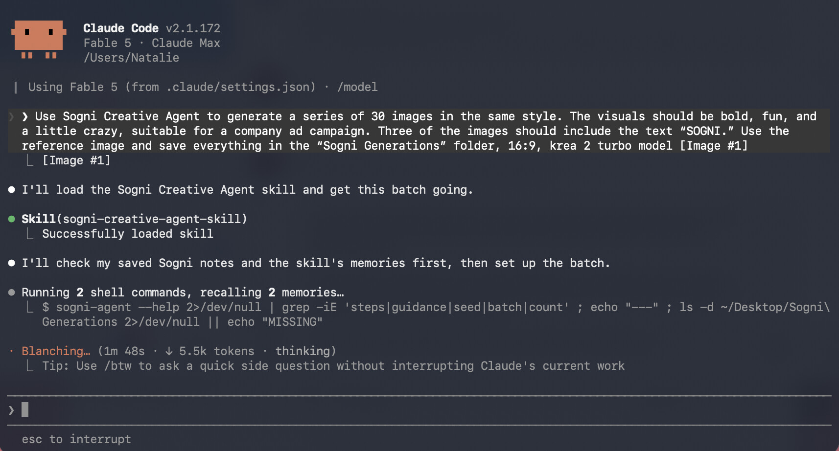 Claude Code with the four sentence prompt asking Sogni Creative Agent for 30 campaign images on the Krea 2 Turbo model.
