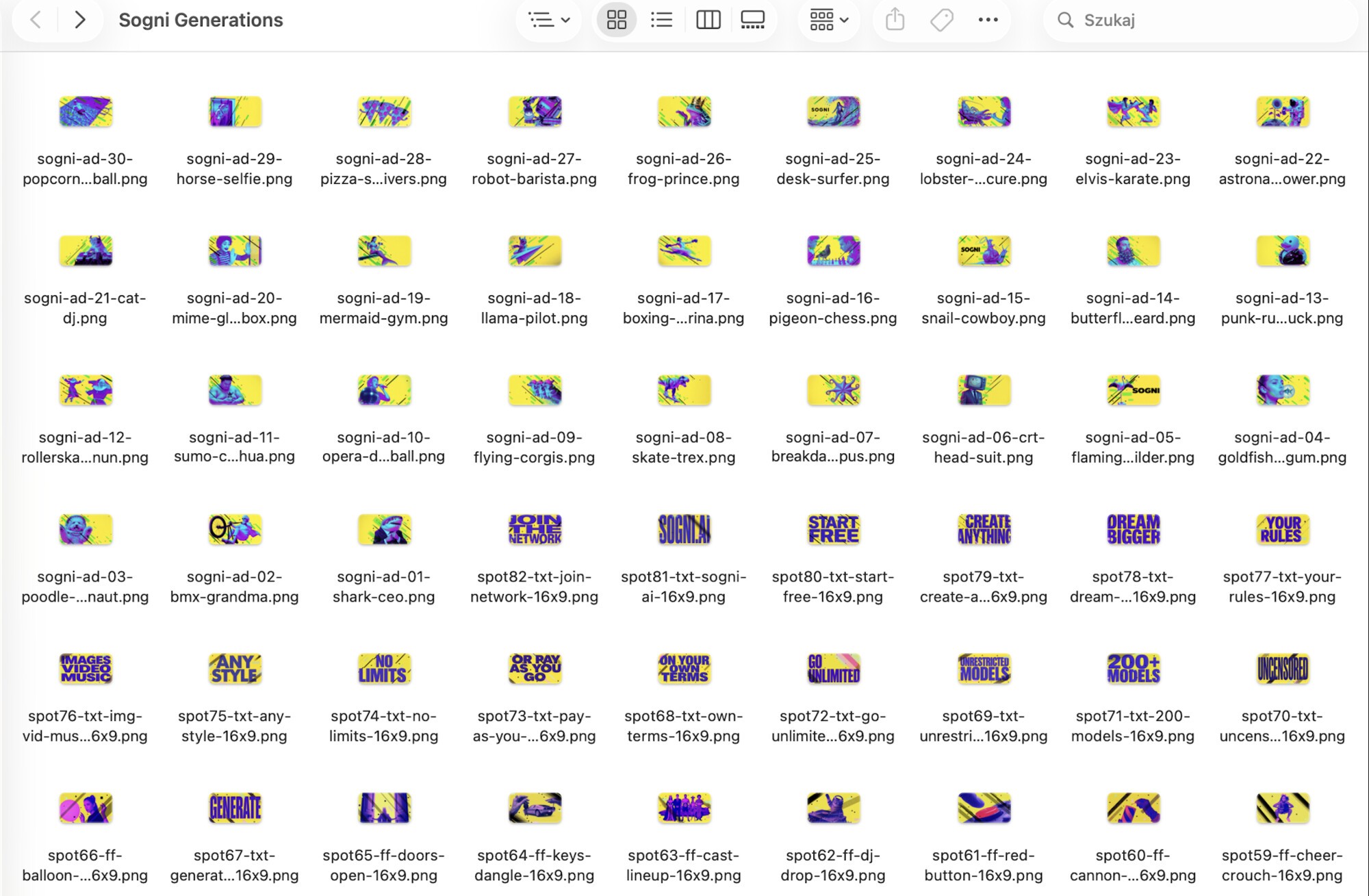 Finder window with the Sogni Generations folder: rows of campaign images and typographic SOGNI spots, all in the same yellow and violet style.