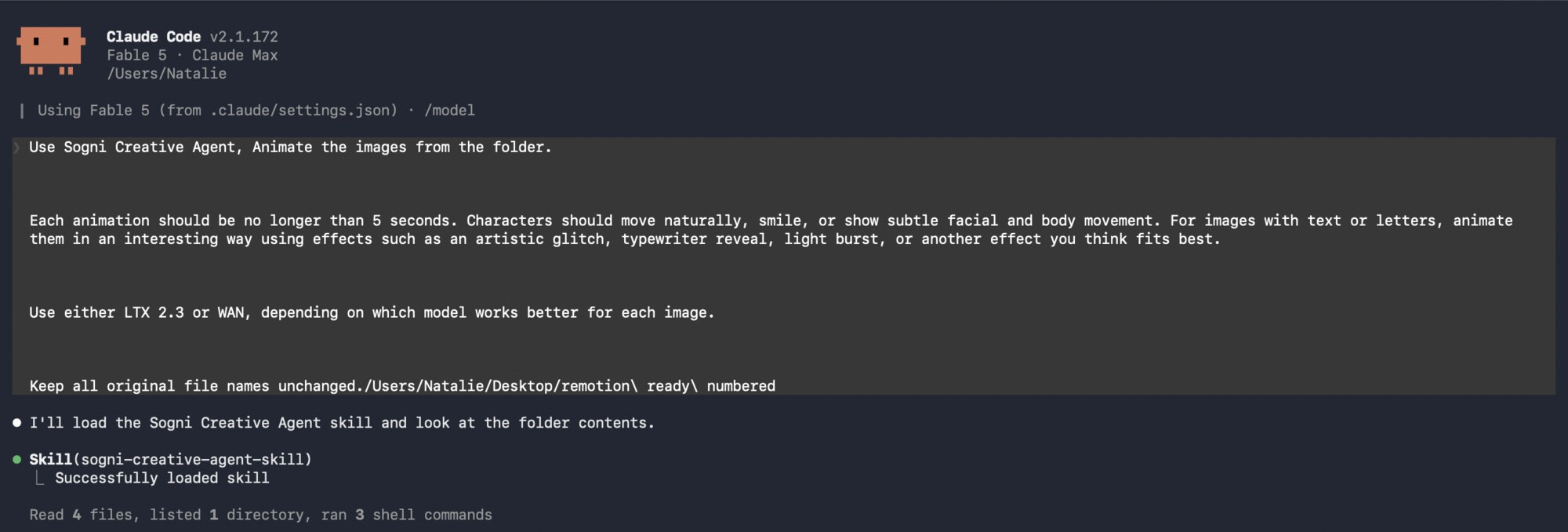 Claude Code with the animation prompt: five second limit, natural motion, glitch and typewriter effects for text.