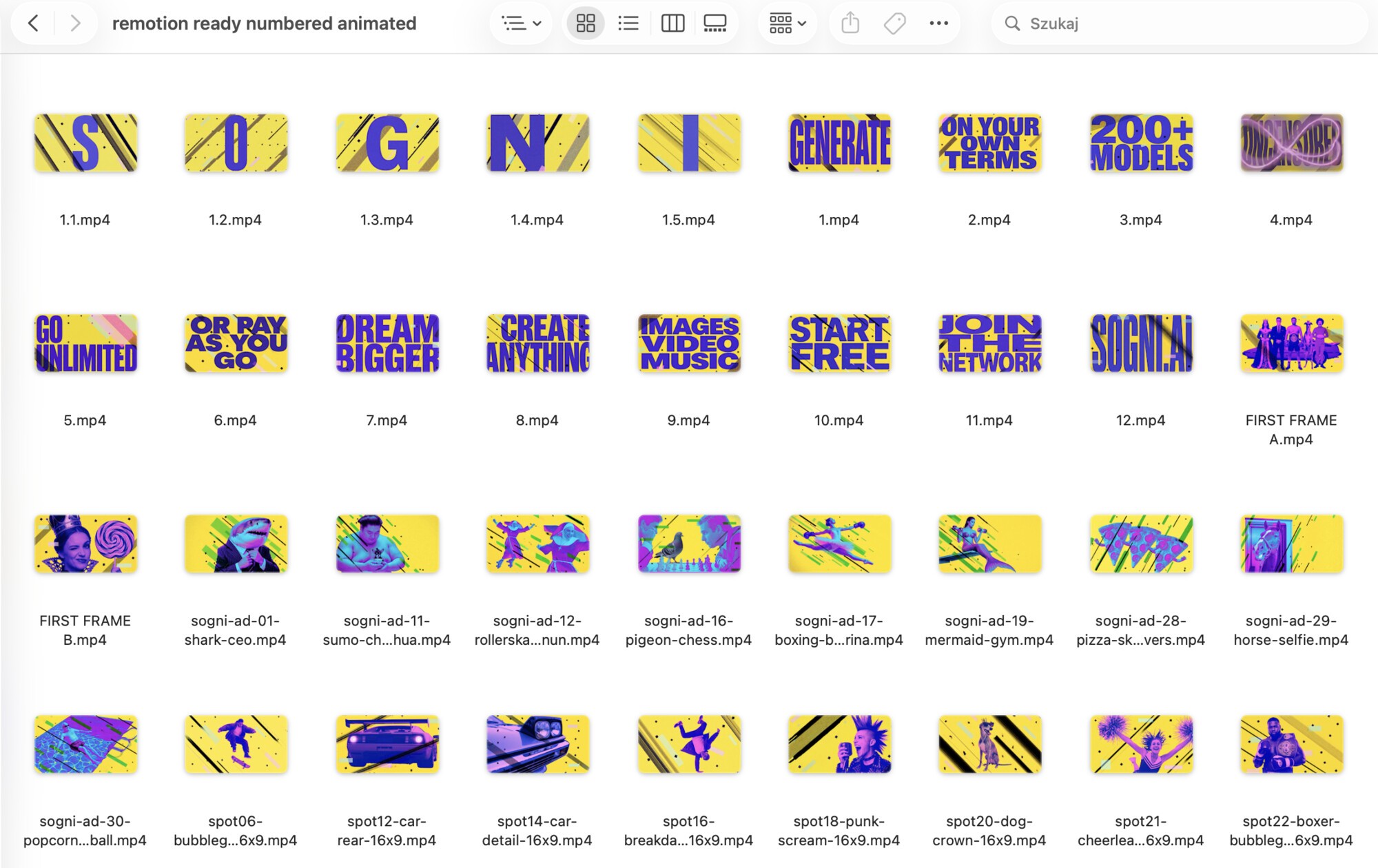 The animated folder in grid view: numbered SOGNI letter clips, message cards, first frames, and campaign character clips.