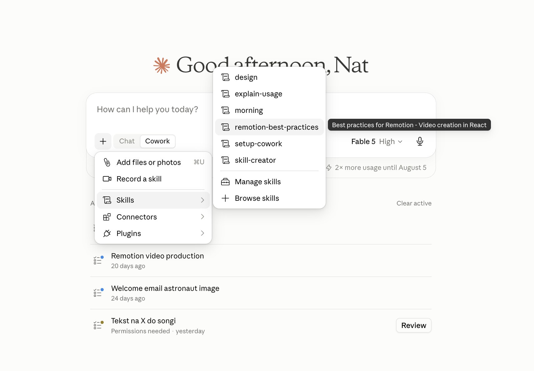 Cowork skills menu with remotion-best-practices listed, described as best practices for Remotion, video creation in React.
