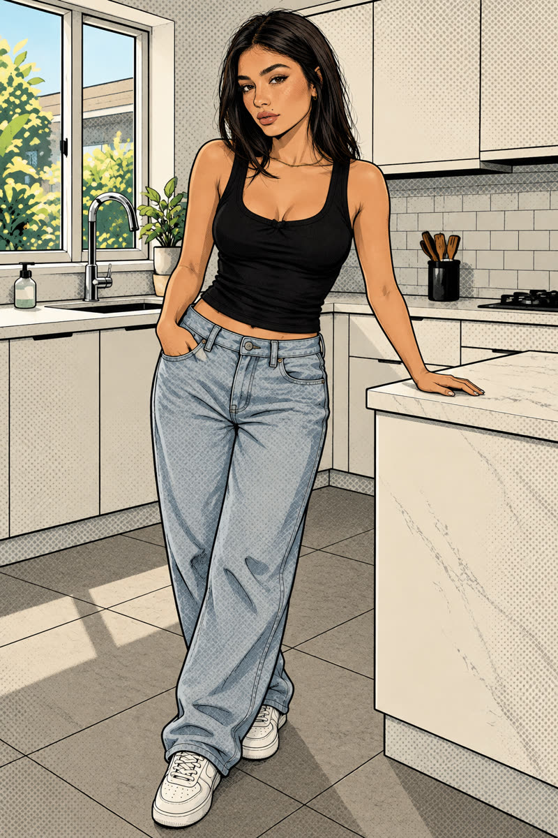 GPT Image 2.5: A full-body comic with bold outlines and simple blocks of colour.