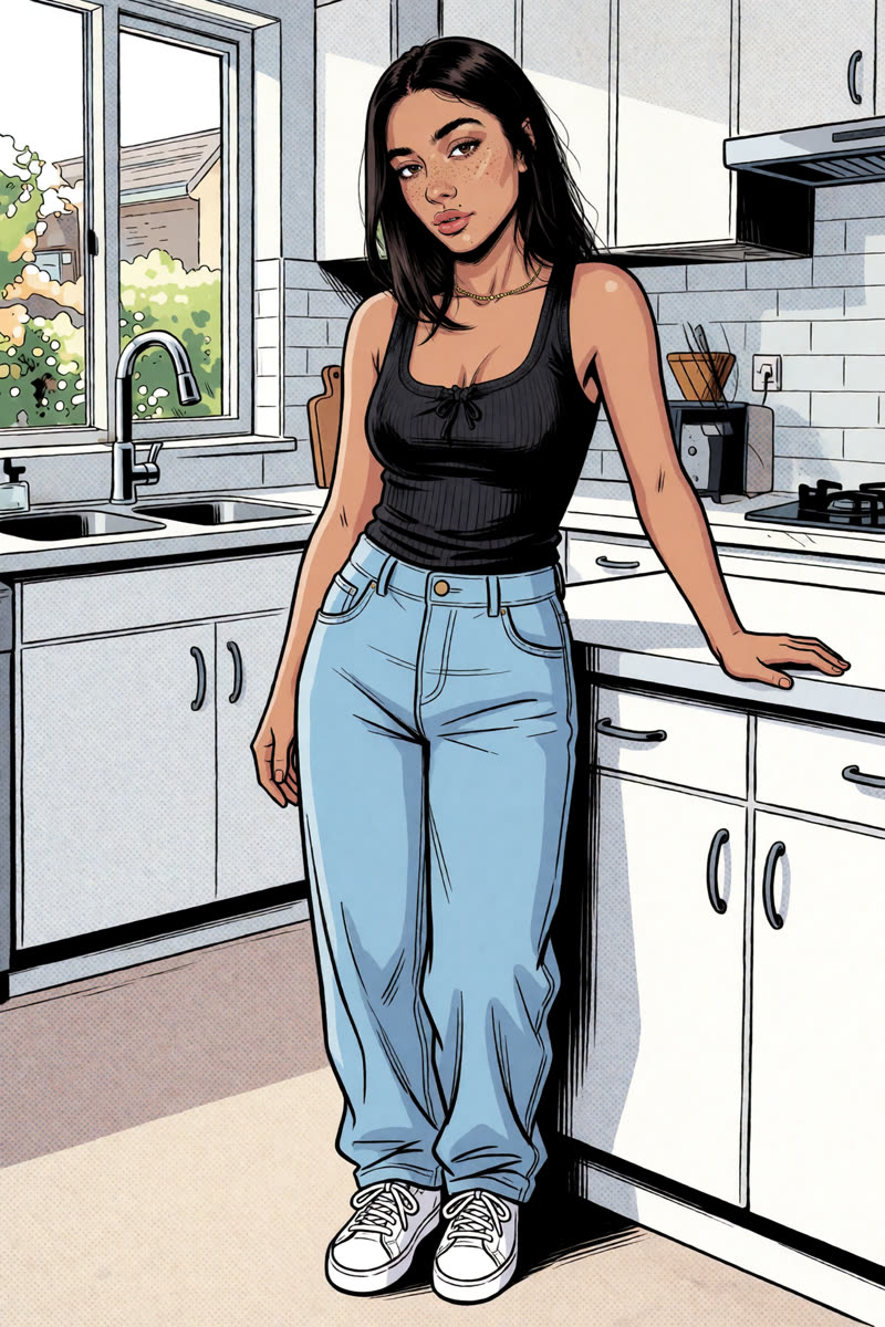 Sogni Krea v0.3: The comic style carries through to the full-body framing.