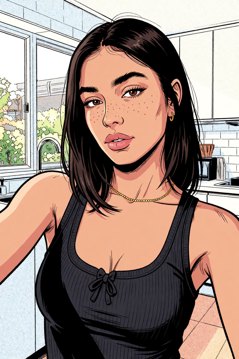 Krea v1.2: The drawing makes the face rounder and younger-looking than the selfie.