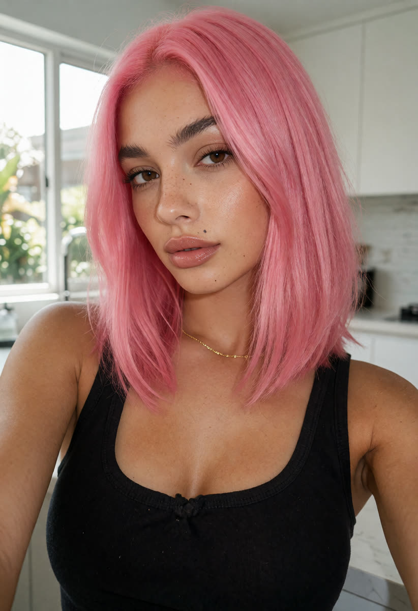 Krea v1.2: Bright pink; the hair looks thicker and less natural than in the original.