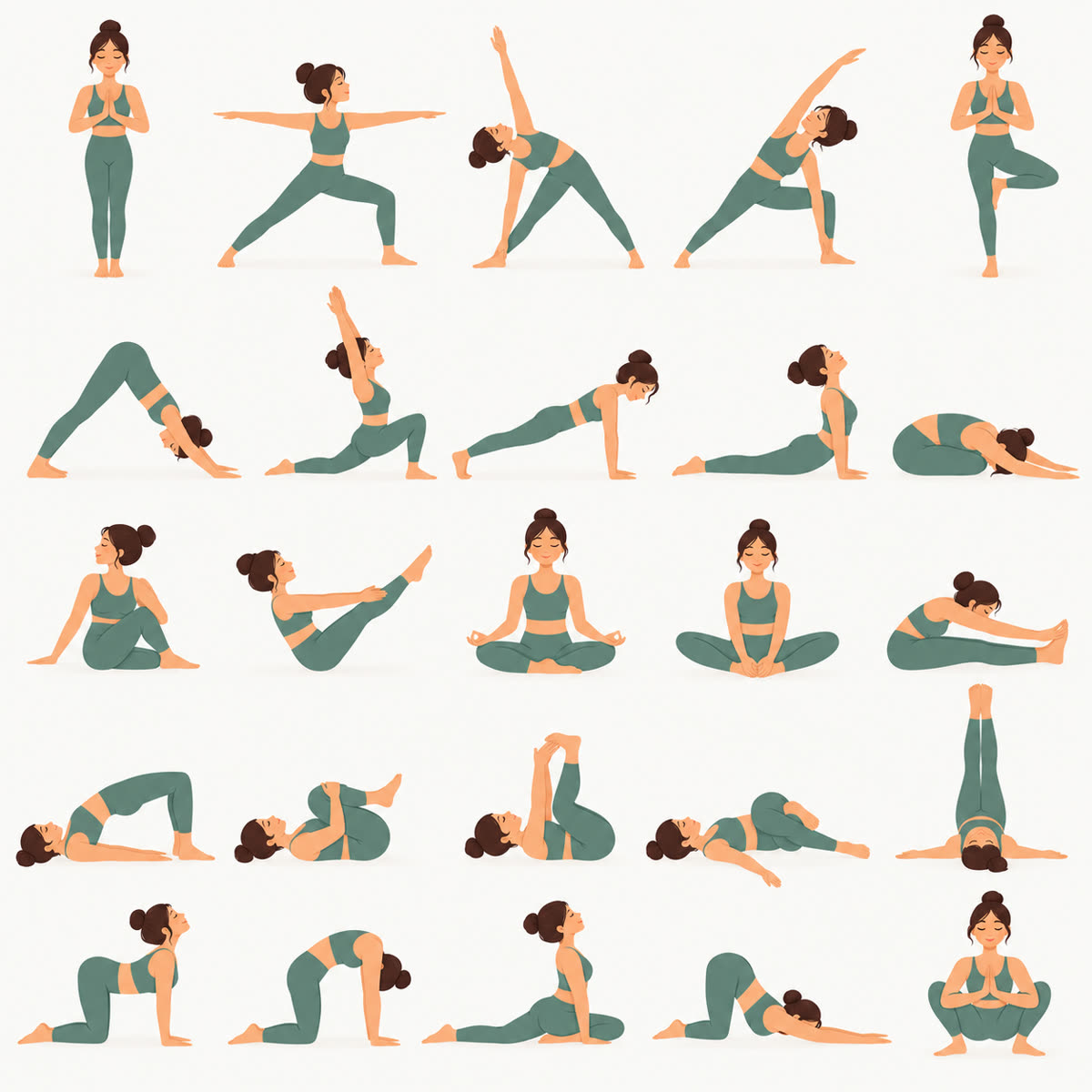An illustrated board of 25 yoga poses in five rows.