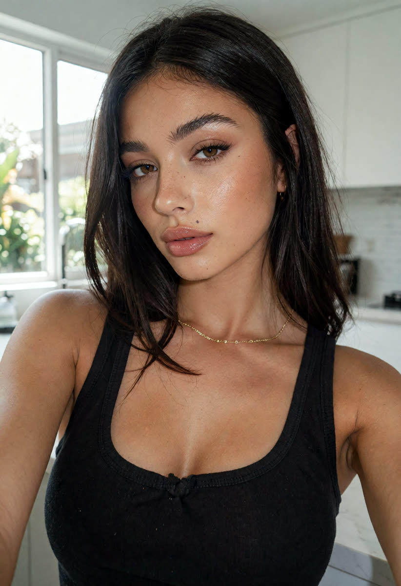 The input photo: a dark-haired woman with freckles taking a selfie in a white kitchen.