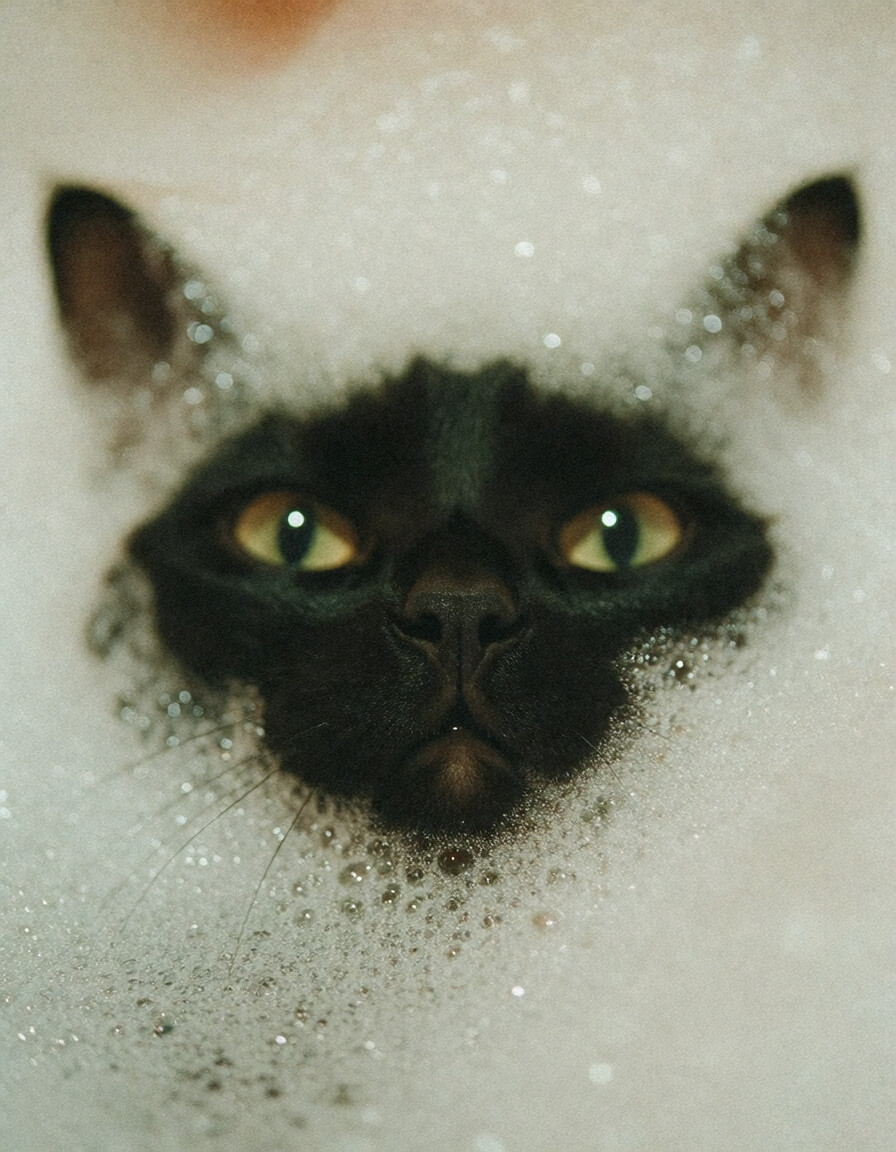 A black cat with amber-green eyes peering out of white bath foam, shot on grainy film