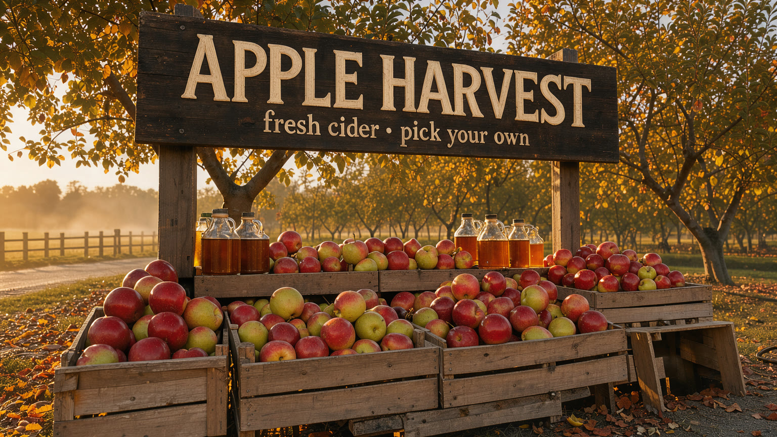 A rustic apple stand under a carved wooden sign reading APPLE HARVEST.