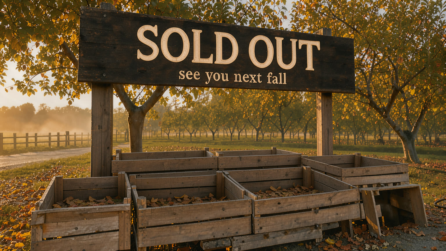 The same stand: the sign now reads SOLD OUT, see you next fall, and the crates are empty.