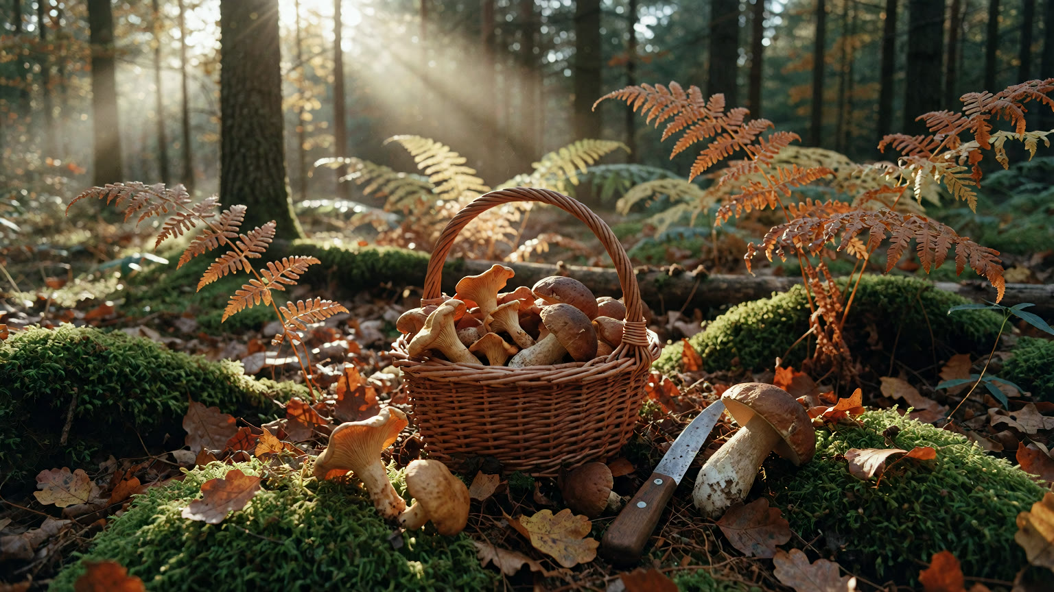A wicker basket of chanterelles and porcini on a mossy forest floor.
