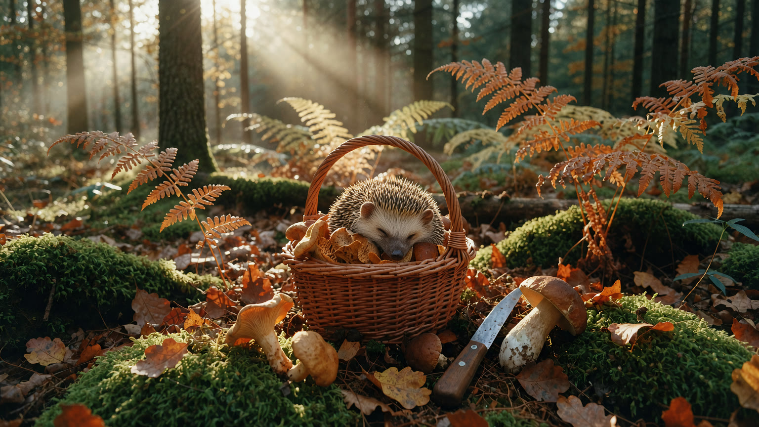 The same basket with a tiny hedgehog asleep on the mushrooms.