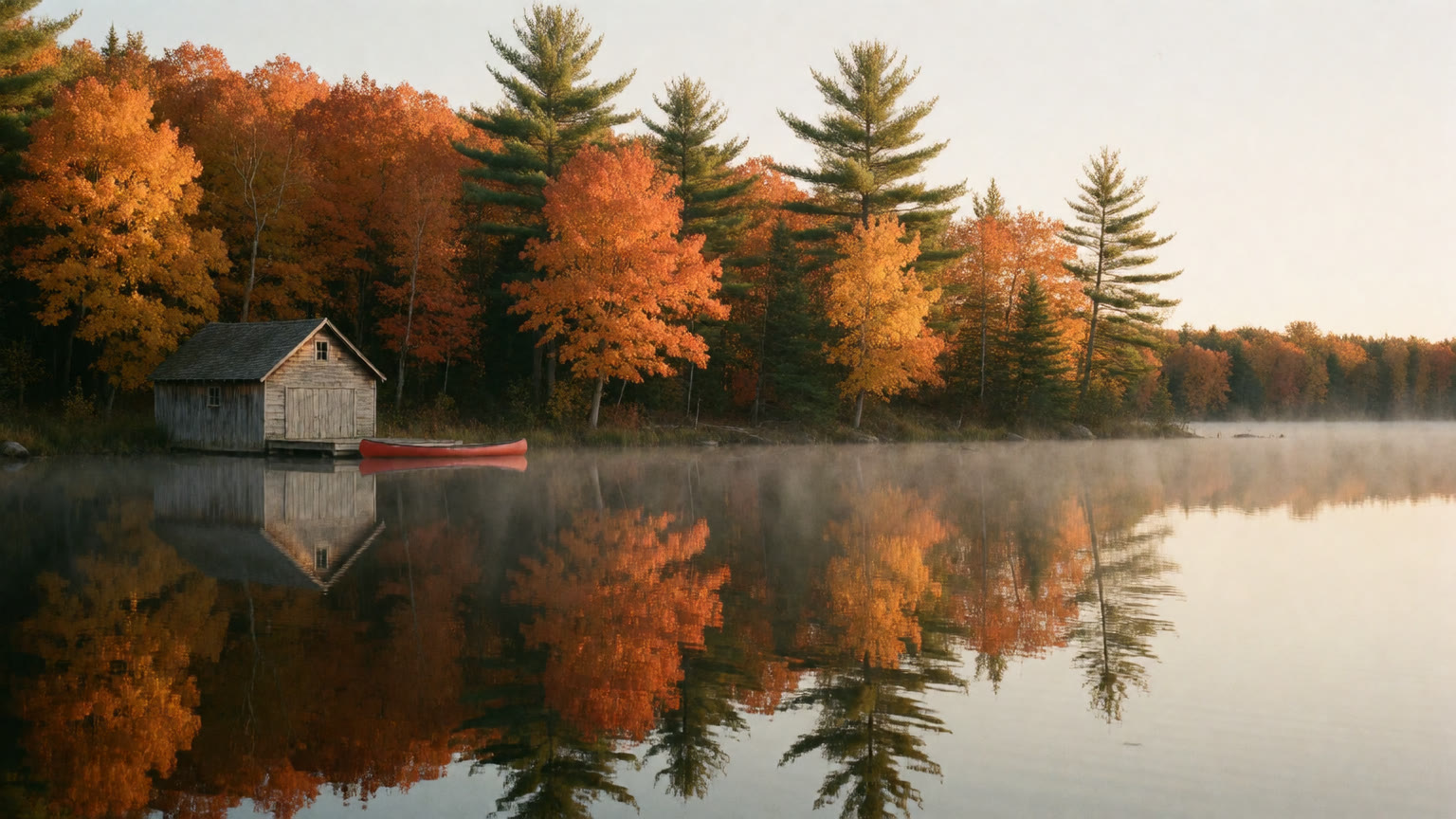A wooden boathouse and a red canoe on a misty autumn lake.