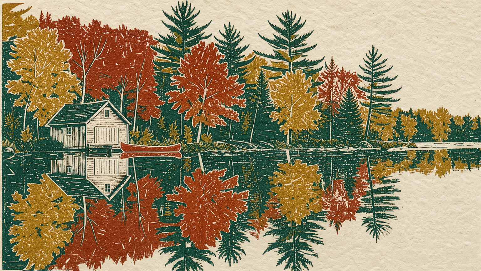 The same scene as a rust, mustard and green linocut print on cream paper.