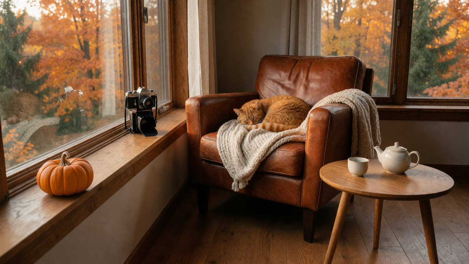 The same nook with a small orange pumpkin added on the windowsill.