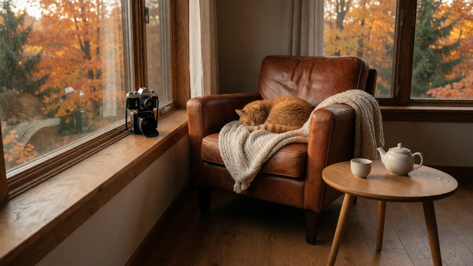 A reading nook: a leather armchair with a sleeping ginger cat, a camera on the windowsill and a teapot on a side table.