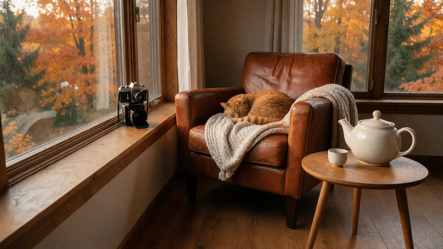 The same nook with a much larger teapot on the side table.