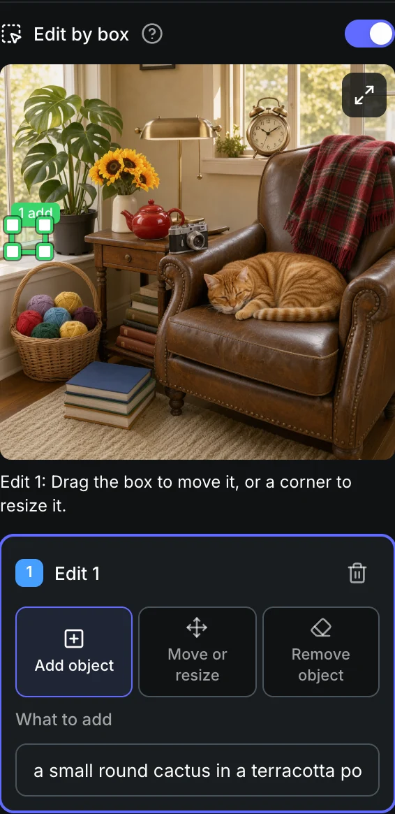Edit by box in the Sogni web app: Add
