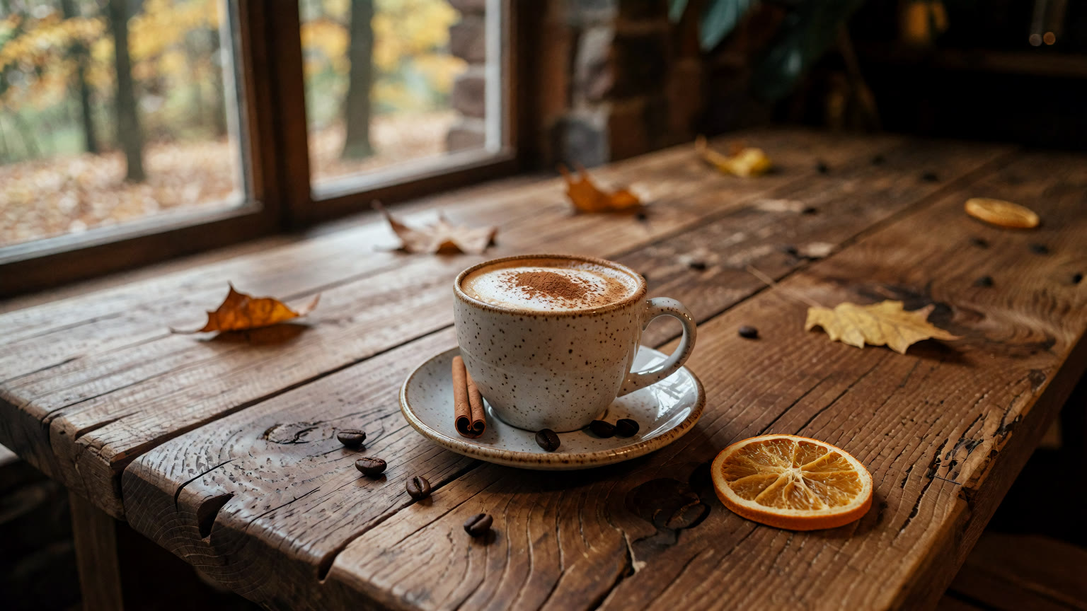 A small cappuccino with cinnamon on a rustic oak table by an autumn window.