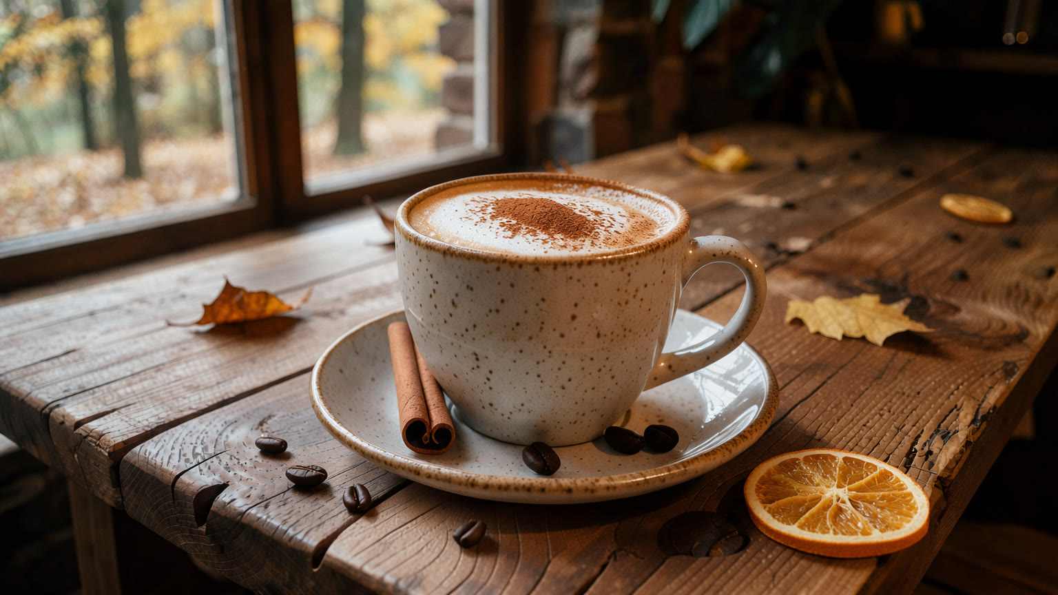 Before: a cappuccino with cinnamon on a rustic oak table.