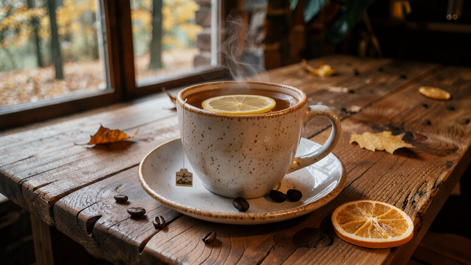 After: the same cup now holds black tea with lemon; the table is unchanged.