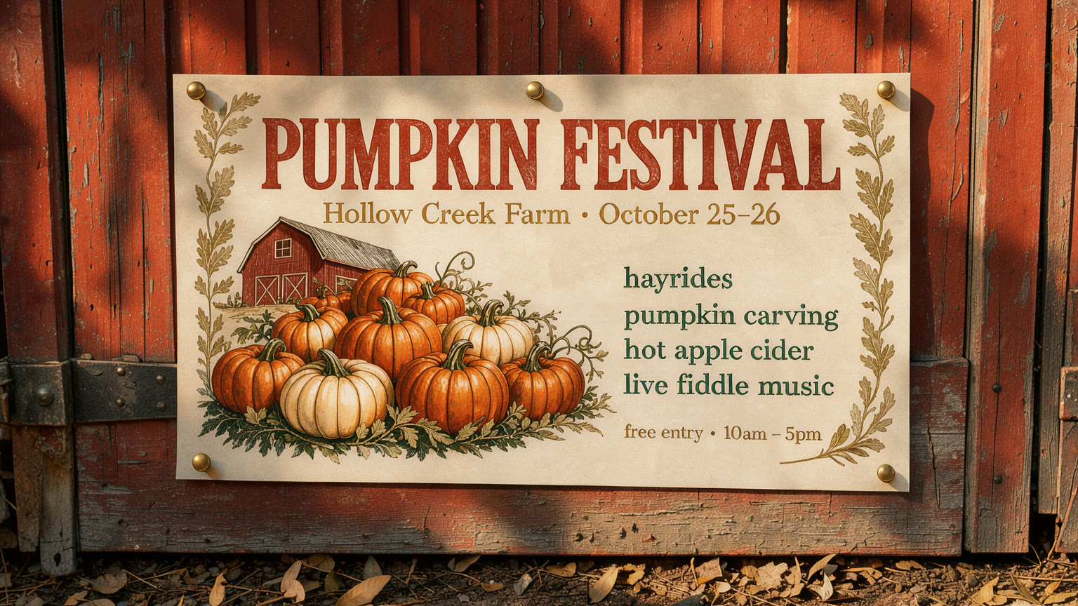 The same flyer printed and pinned with brass tacks to a weathered red barn door.