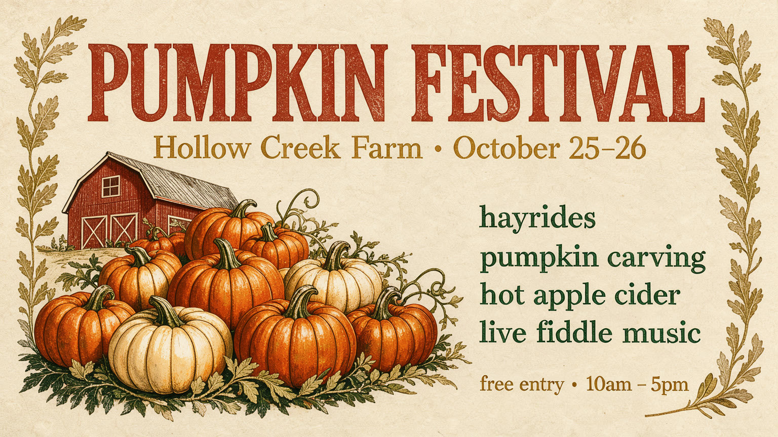 A letterpress-style PUMPKIN FESTIVAL flyer with pumpkins, a red barn and a list of activities.