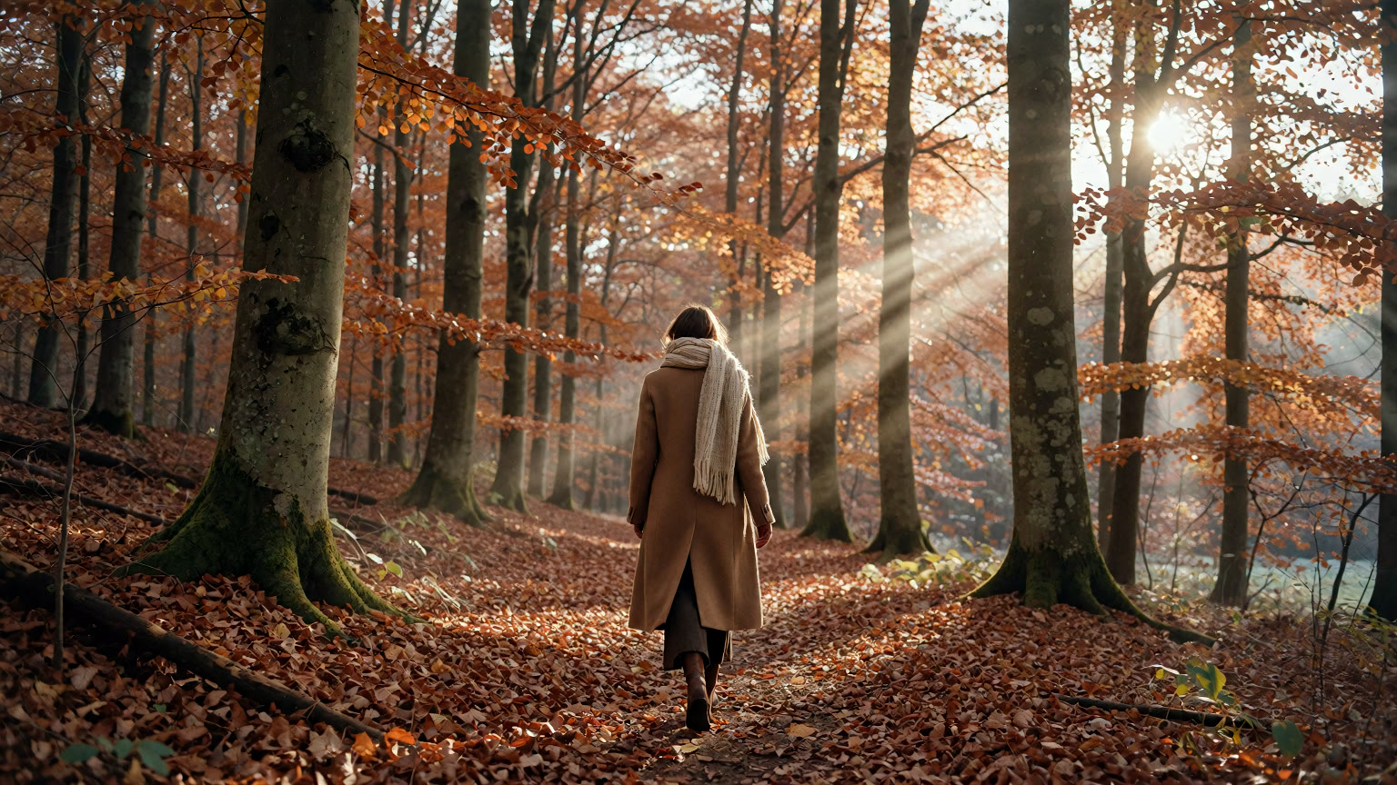 A person in a camel coat walking down a leaf-covered path through a beech forest.