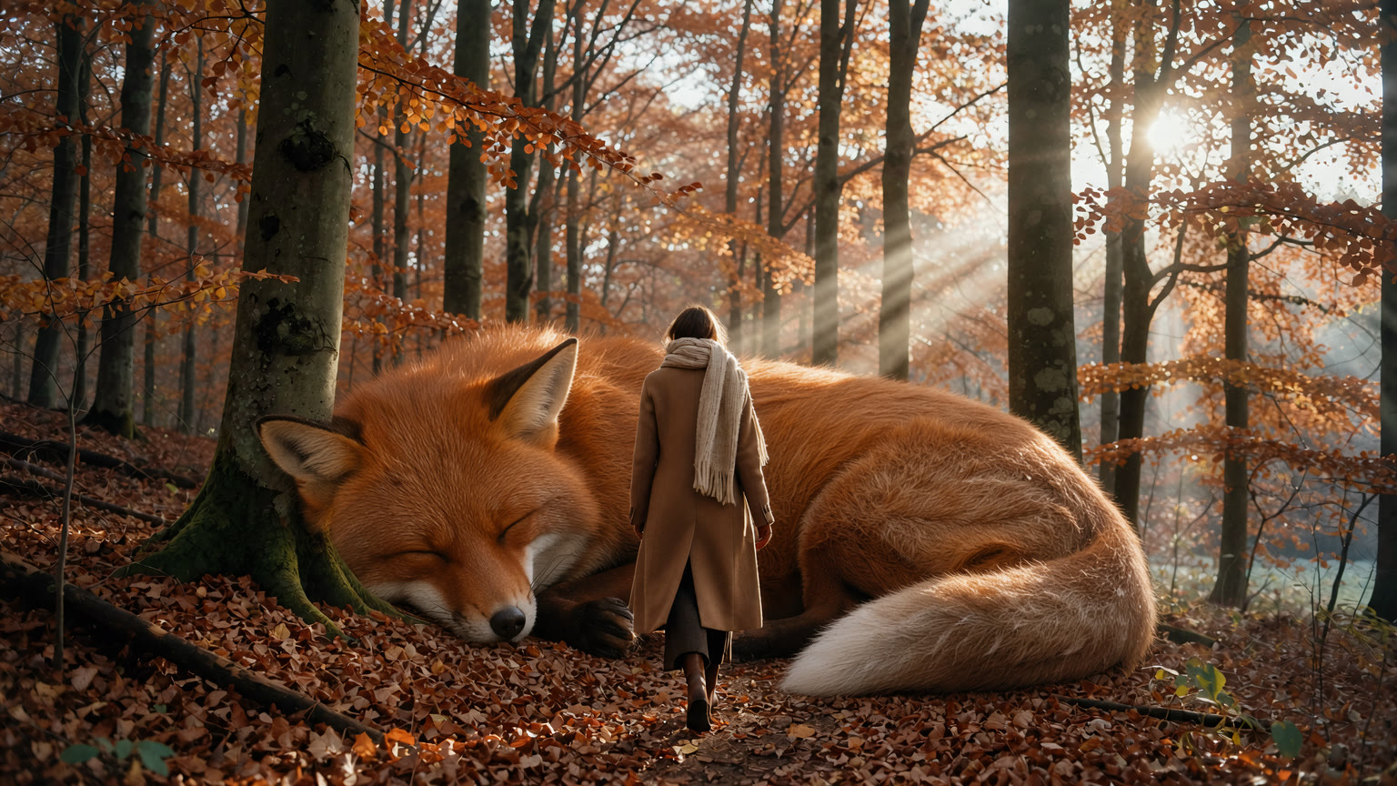 The same path with a colossal red fox asleep beside the walker.