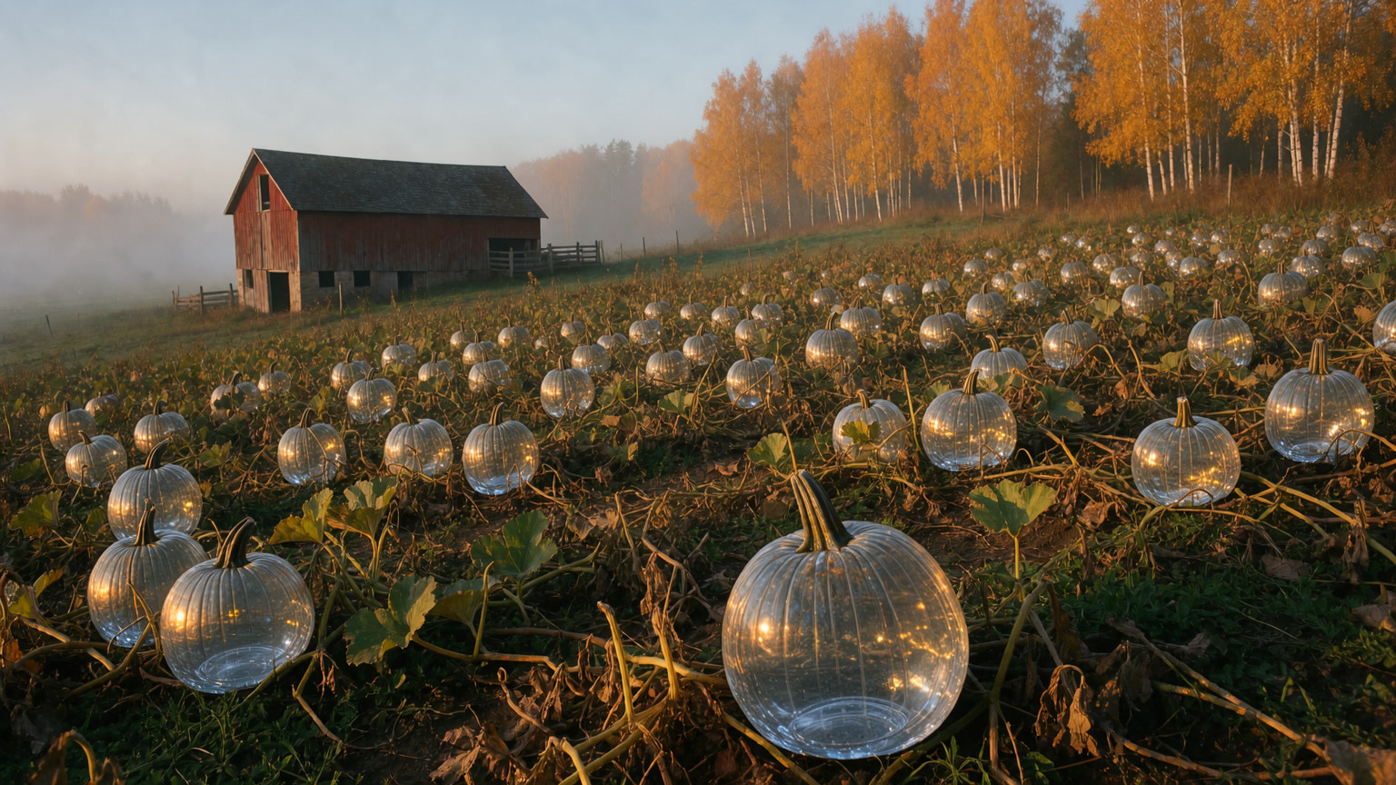 The same field with every pumpkin turned to clear glass by FLUX 3 Image Klein.