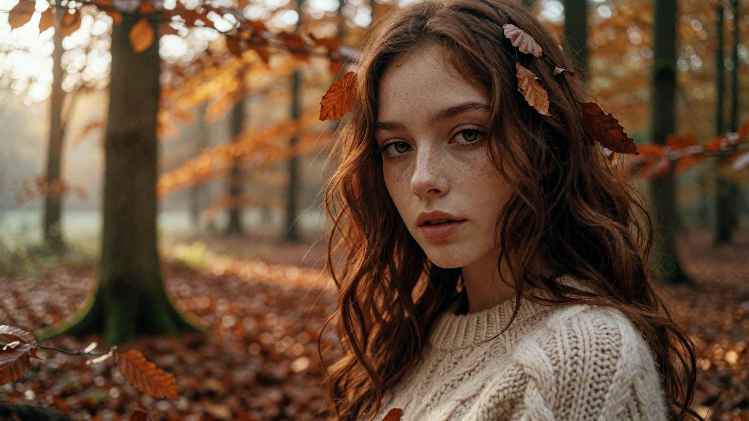 A red-haired woman with freckles in a cream sweater in an autumn beech forest.