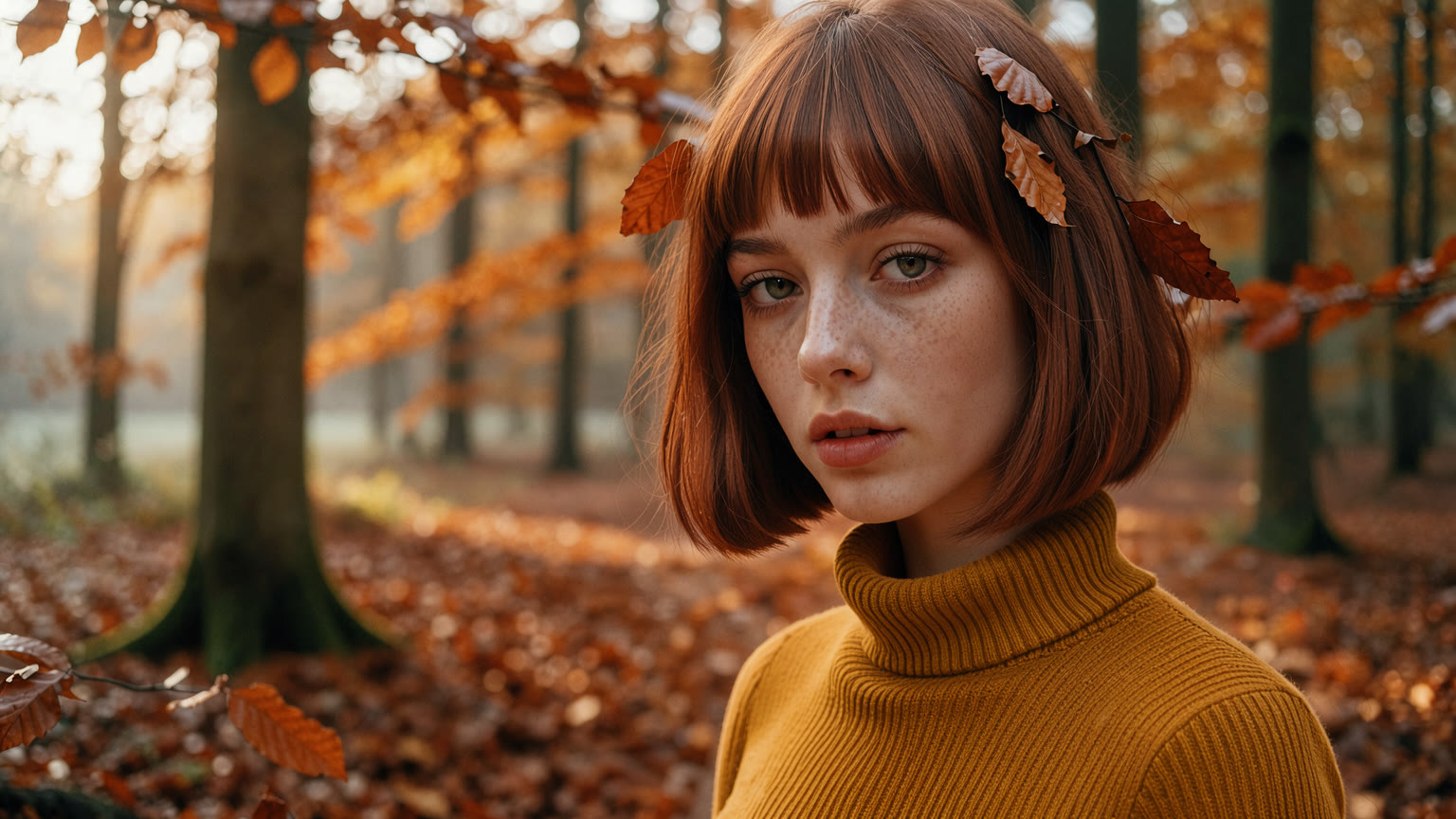 The same woman with a short copper bob and a mustard turtleneck.