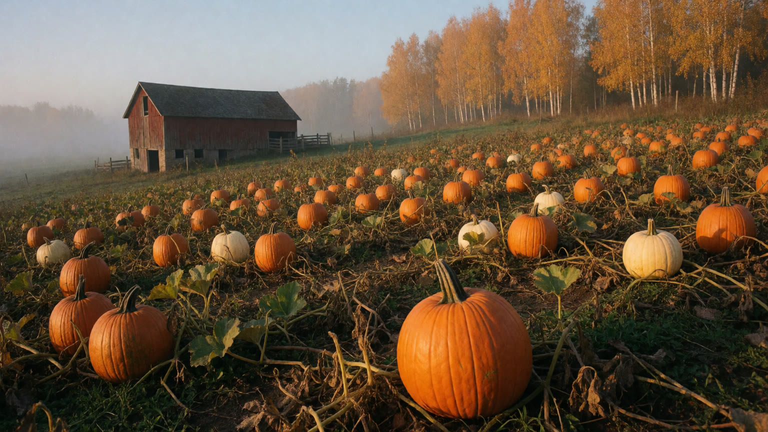 A misty pumpkin patch at sunrise with an old red barn and golden birches.