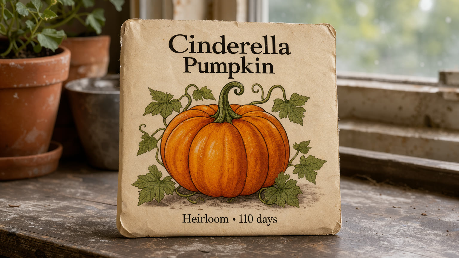 A vintage seed packet labeled Cinderella Pumpkin, Heirloom, 110 days.