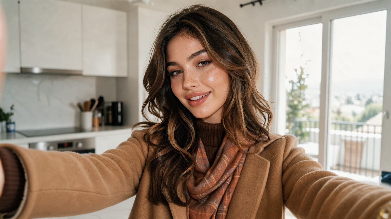 The same selfie in a camel coat, brown turtleneck and plaid scarf.