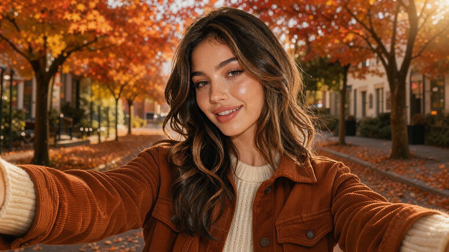 The same selfie moved outdoors to an autumn street, in a rust corduroy jacket.