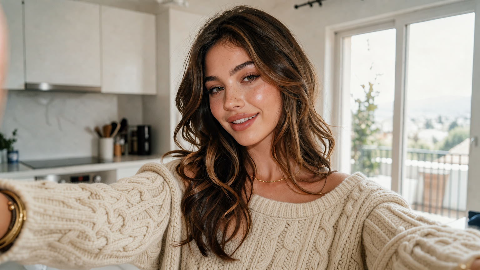 The same selfie, now in an oversized cream cable-knit sweater.
