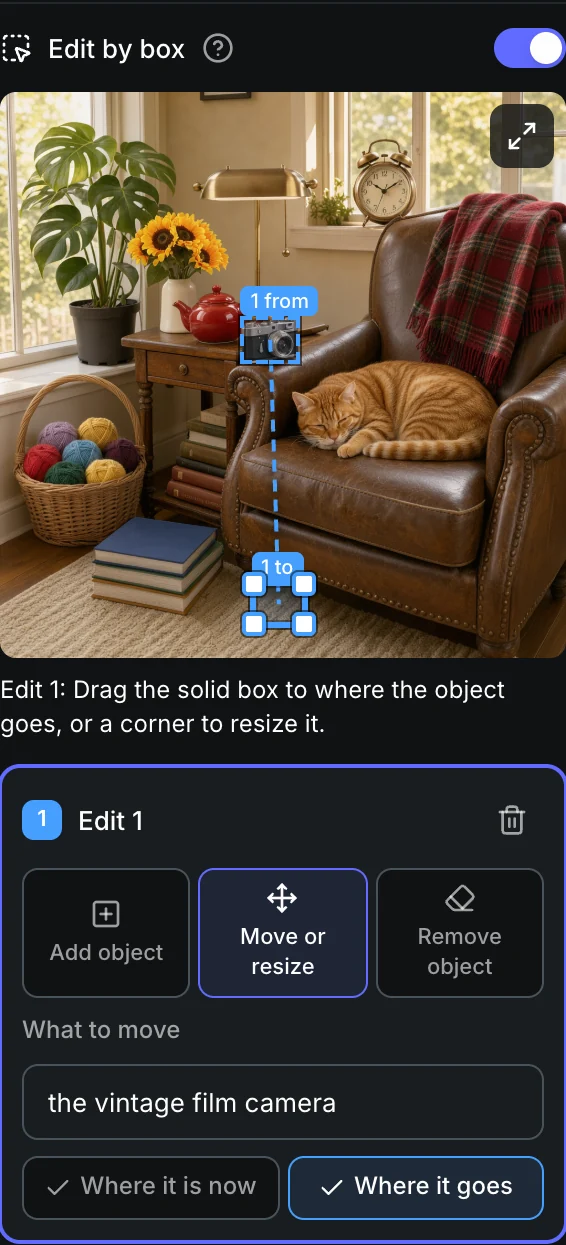 Edit by box in the Sogni web app: Move or resize, with a box on the film camera and a second box on the rug where it should go