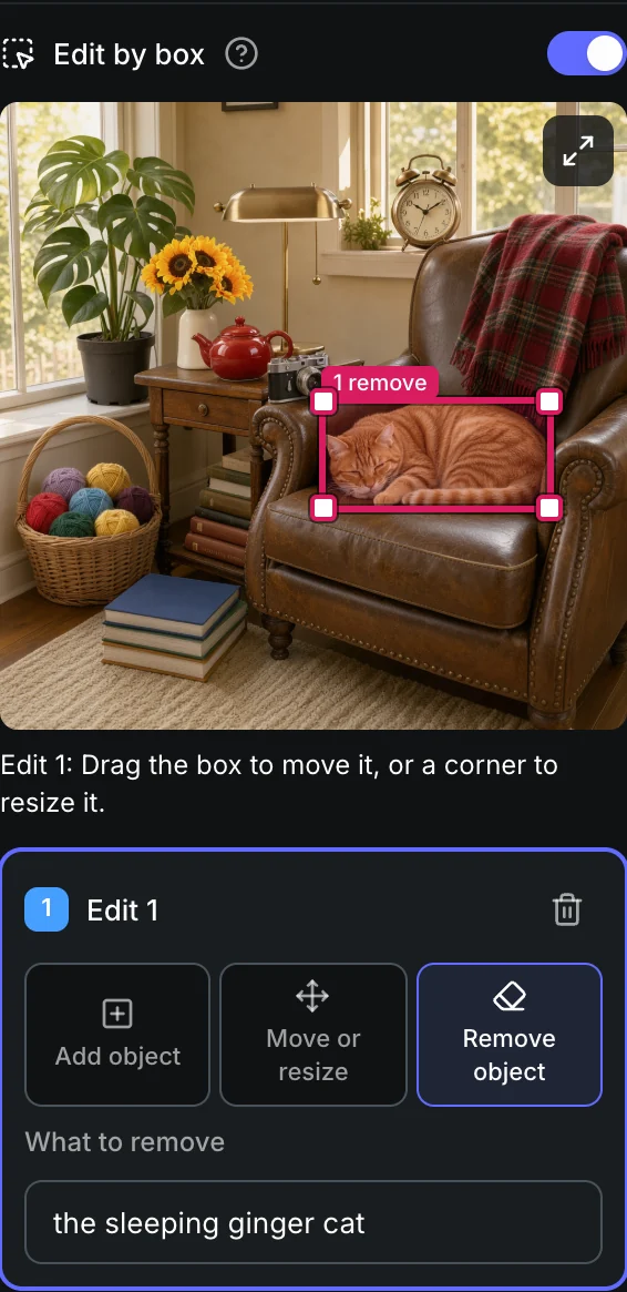 Edit by box in the Sogni web app: Remove object, with a box around the sleeping cat