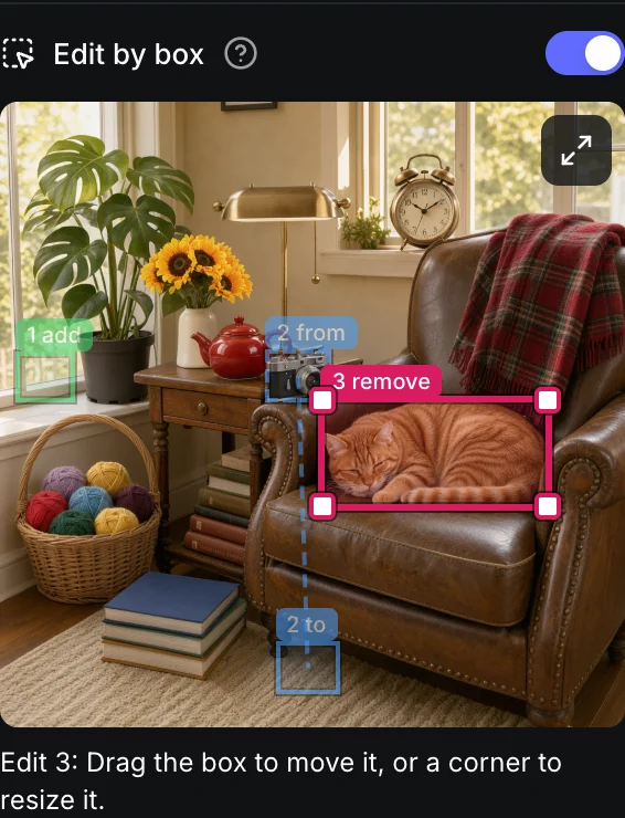 Edit by box with three boxes on one photo: add a cactus on the windowsill, move the camera to the rug, and remove the sleeping cat