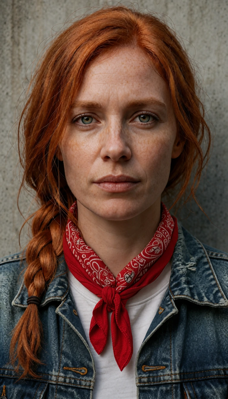 FLUX 3 Image Klein: tie a bandana around her neck, an edit of the red-haired woman's portrait