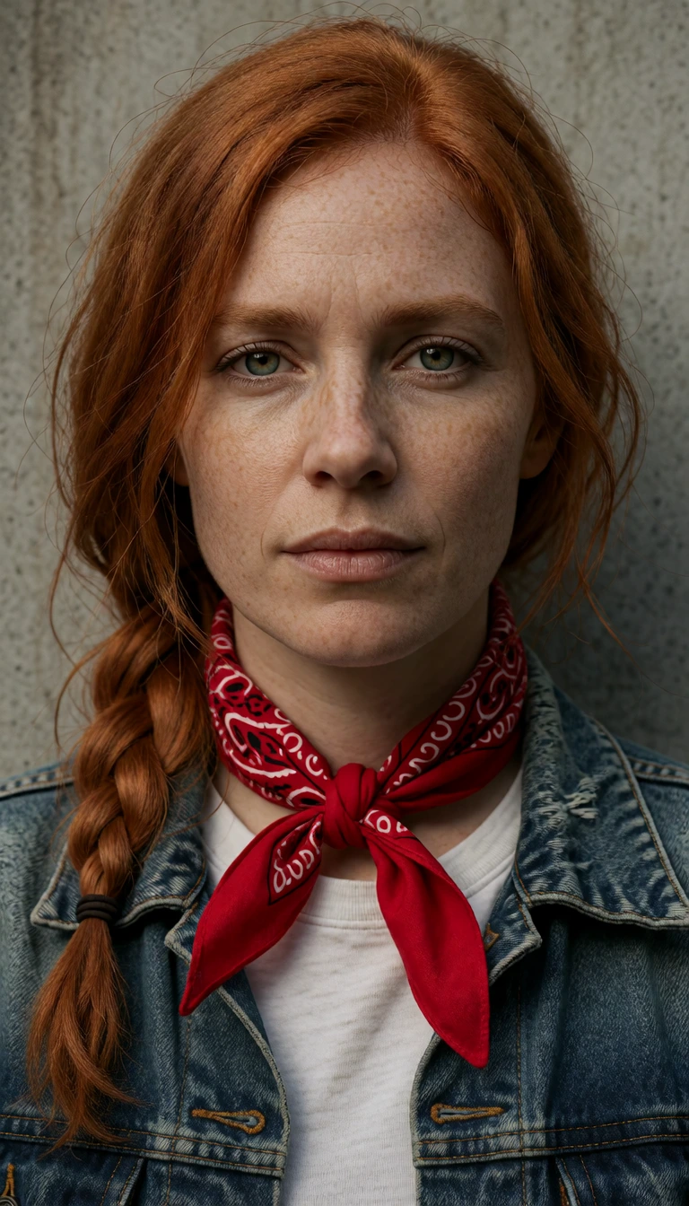 Krea 2 Identity Edit v1.2: tie a bandana around her neck, an edit of the red-haired woman's portrait