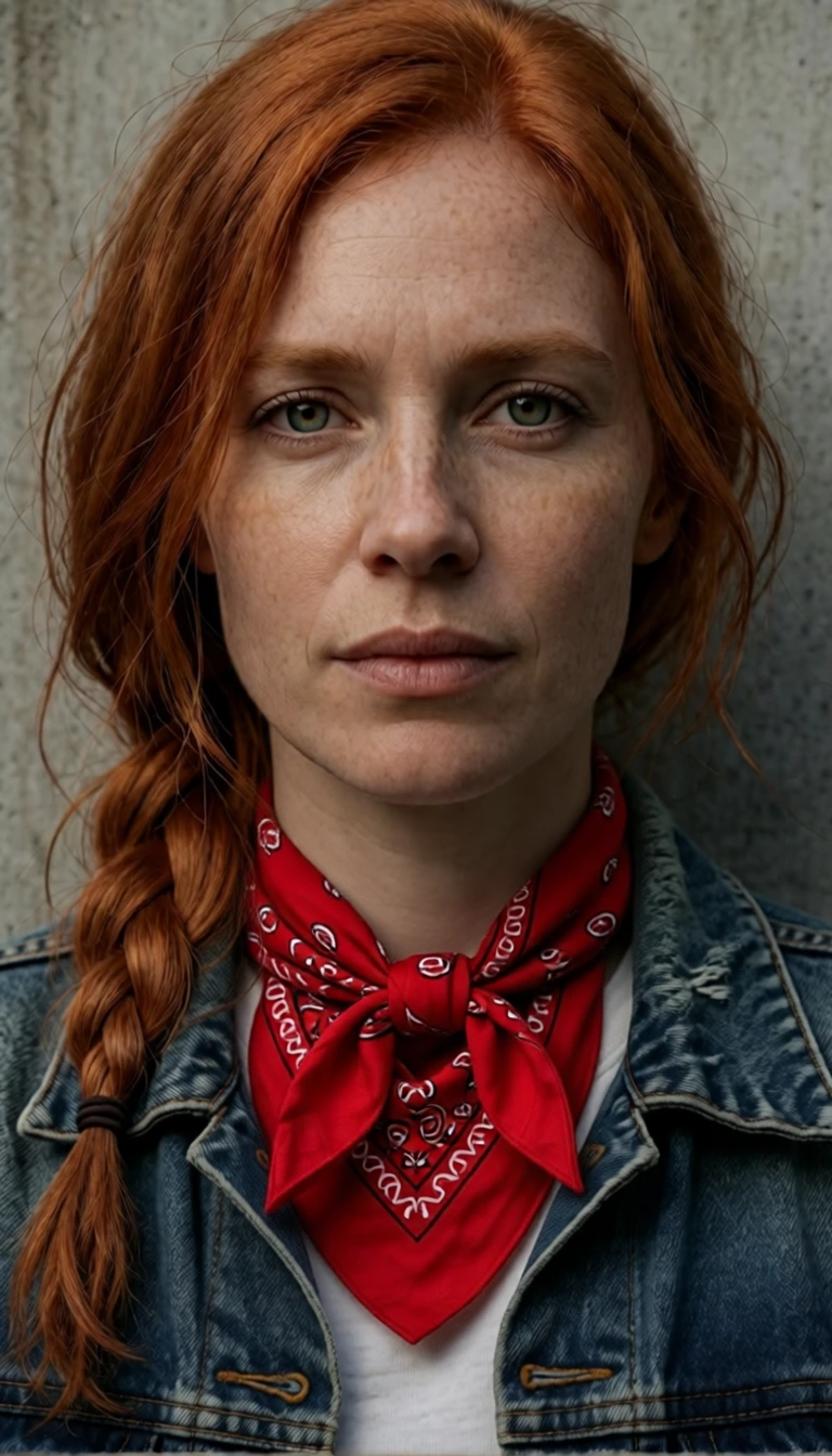 Qwen Image Edit 2511 Lightning: tie a bandana around her neck, an edit of the red-haired woman's portrait