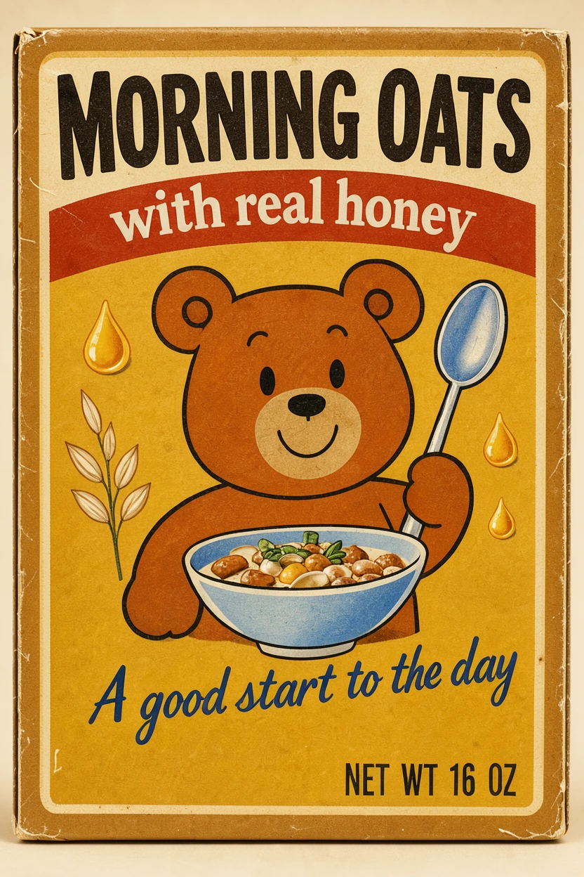The source: a 1960s-style cereal box reading MORNING OATS, with real honey, a cartoon bear holding a spoon