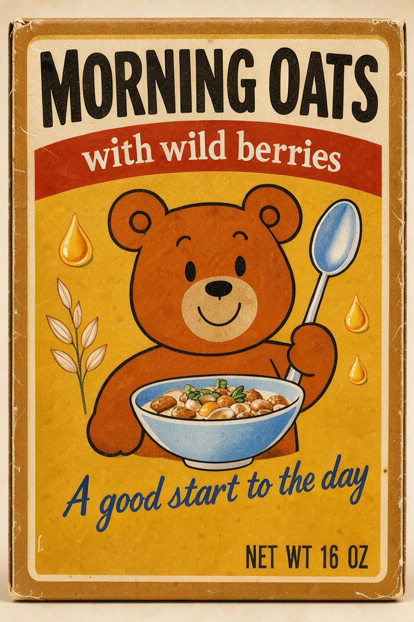 A 1960s-style cereal box reading MORNING OATS with wild berries, with a cartoon bear holding a spoon, edited by FLUX 3 Image Klein