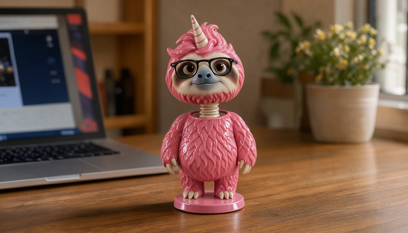 FLUX 3 Image Klein: the pink sloth as a glossy plastic bobble-head on a desk next to a laptop